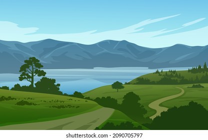 Landscape in countryside with lake and meadow