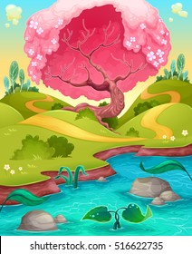 Landscape in the countryside. Vector cartoon illustration