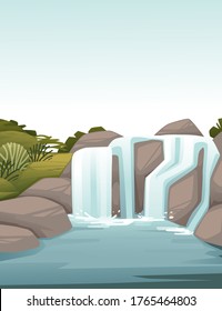 Landscape of countryside waterfall on rocks cartoon design flat vector illustration vertical design