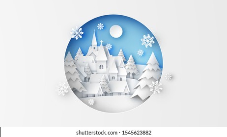 Landscape of countryside in winter with snowfall. Scenery of winter. Merry Christmas. paper cut and craft style. vector, illustration.