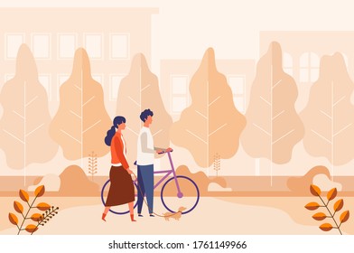 Landscape with couple dating, walking at autumn city park. Man and woman have a relaxing day off. Flat cartoon colorful vector illustration.