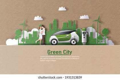 A landscape of couple and electric car with EV charger station in a modern city, save the planet and energy concept, paper illustration, and 3d paper.