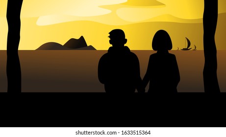 Landscape Couple Silhouette in the Beach at Sunset