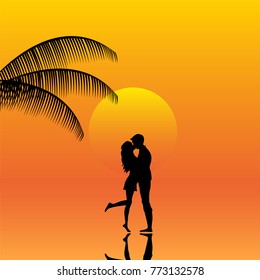 Landscape of couple in a sunset on the beach