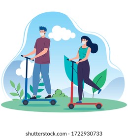 paisaje con pareja que usa máscara facial en el diseño de ilustración de vector scooter