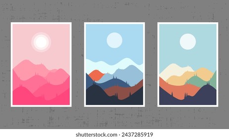 Landscape covers template for wall art flat design set. Vector illustration. Suitable for walls decoration, cover design, interior, printing and poster.
