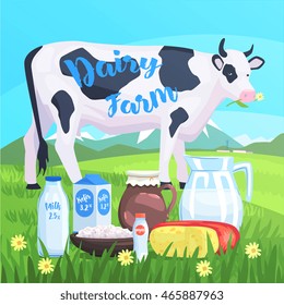Landscape With Cow And Milk Products On The Foreground. Bright Color Funky Flat Illustration In Childish Style.