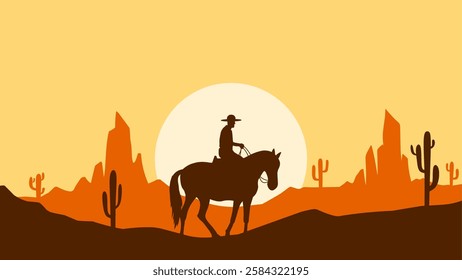 Landscape of a cowboy riding a horse in the desert scenery. Panoramic view of wild west desert with cowboy on horseback during sunset. Vector illustration of scenic canyon with butte and cacti