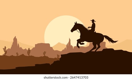 Paisagem de um vaqueiro montando um cavalo na paisagem do deserto. Vista panorâmica do deserto ocidental selvagem com cowboy a cavalo durante o pôr do sol. Ilustração vetorial de cânion cênico com butte e cactos