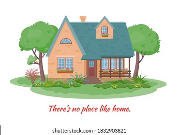 Сountryside landscape with a cozy cottage surrounded by a garden and flowers. Vector flat isolated illustration.