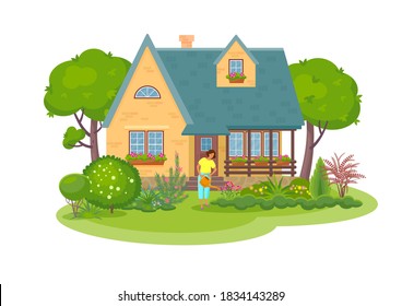 Сountryside landscape with a cozy cottage surrounded by a garden and flowers.Pretty young woman in cartoon style is watering  the group of plants and shrubs.Vector colorful isolated illustration.