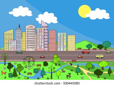 Landscape with cozy and green city. Vector background.