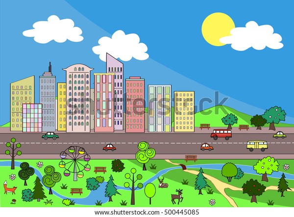 Landscape\
with cozy and green city. Vector\
background.
