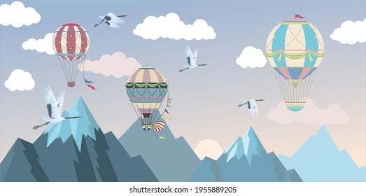 paisaje con grúas y montañas y globos