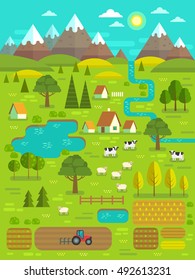 Landscape creator. Vector collection of landscape and farming design elements, including mountains, trees, river, lakes, houses, cows and sheep grazing on the meadows, tractor working on the field.