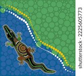 Landscape with crocodile in decorative ethnic style. Australia aboriginal traditional culture art style of dot. Scenery with alligator, river and grass. Aboriginal tribal art craft.Vector illustration