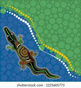 Landscape with crocodile in decorative ethnic style. Australia aboriginal traditional culture art style of dot. Scenery with alligator, river and grass. Aboriginal tribal art craft.Vector illustration