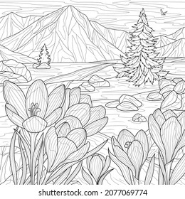 Landscape with crocuses and mountains.Coloring book antistress for children and adults. Illustration isolated on white background.Zen-tangle style. Hand draw