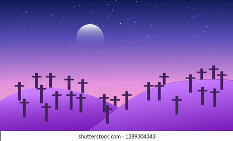 Landscape with cross sign on the mountain at night time.