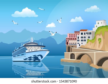 Landscape with cruise ship near coast with buildings and houses, tourism and travelling concept, seagulls in clear blue sky, vector illustration