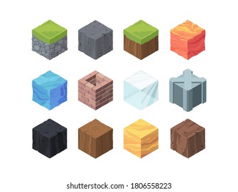 Landscape cubes isometric game set. Formations color wood and coal fractal made of ice metal grassy landscape with rocky soil lava water relief 3D geological block made clay. Vector cartoon.