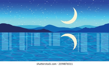 landscape with curved moon , mountains, stars and sea in blue colors, realistic minimalistic illustration vector