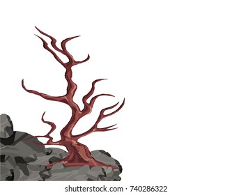 Landscape. A curved tree without leaves on a rock among the stones. Oak, cherry, sakura. Vector illustration