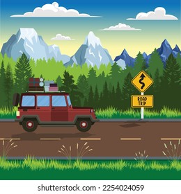 Landscape with curvy road and mountain range. Travel or trip through scenery of rural or countryside surroundings. Adventures road trip and wanderlust. Summer forest by highway