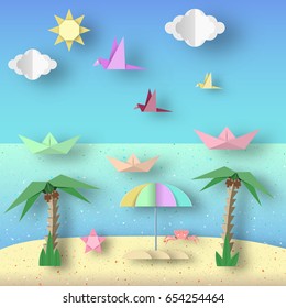 Landscape With Cut Birds, Ships, Palm Tree, Clouds And Sun Style Paper Origami Crafted World. Cutout Made Template With Elements And Symbols For Banner, Card, Poster. Vector Illustrations Art Design.