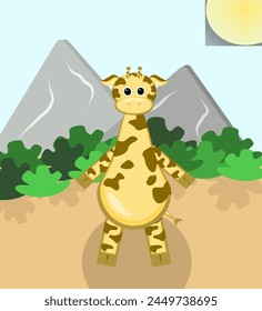 Landscape with cute baby giraffe chewing the leaves of a tree on an isolated white background. Flat vector kawaii character stands on the green grass on a sunny day and smiles happily. 