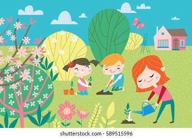 Landscape with cute children in vector. Spring and summer child's outdoor activities. Happy childhood.