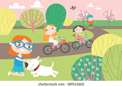 Landscape with cute children in vector. Spring and summer child's outdoor activities. Happy childhood.