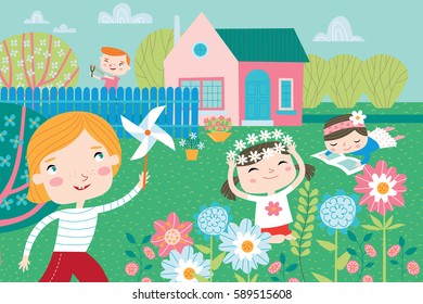 Landscape with cute children in vector. Spring and summer child's outdoor activities. Happy childhood.