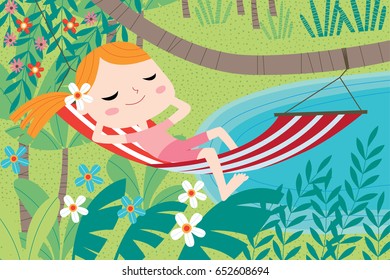 Landscape with cute children in vector. Summer child's outdoor activities. Happy childhood.