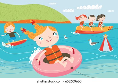 Paisaje con niños lindos en vector.Actividades al aire libre de los niños de verano. Feliz niñez.
