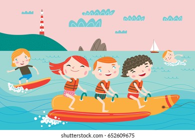 Landscape with cute children in vector. Summer child's outdoor activities. Happy childhood.