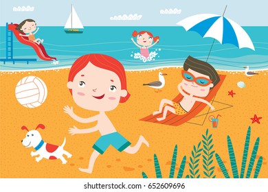 Landscape with cute children in vector. Summer child's outdoor activities. Happy childhood.