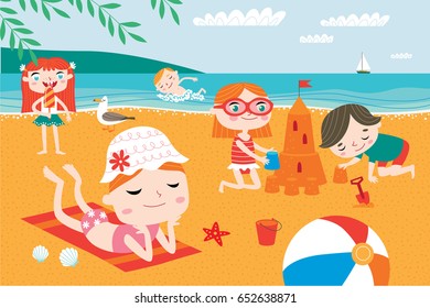 Paisaje con un lindo vector infantil. Las actividades al aire libre de los niños de verano. Feliz niñez.