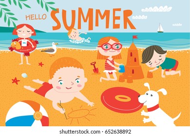 Paisaje con lindos vectores infantiles.Actividades al aire libre de los niños de verano. Feliz niñez.