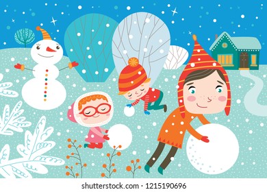 Landscape with cute children in vector. Winter child's outdoor activities. Happy childhood.