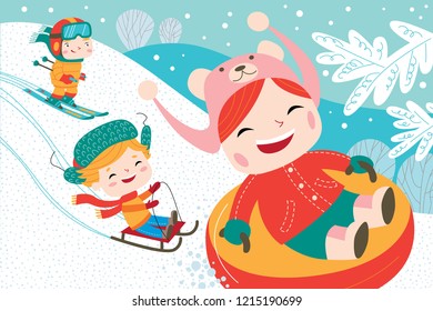 Landscape with cute children in vector. Winter child's outdoor activities. Happy childhood.