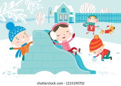 Landscape with cute children in vector. Winter child's outdoor activities. Happy childhood.