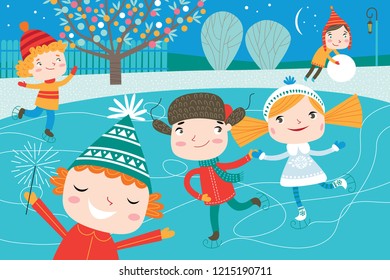 Landscape with cute children in vector. Winter child's outdoor activities. Happy childhood.