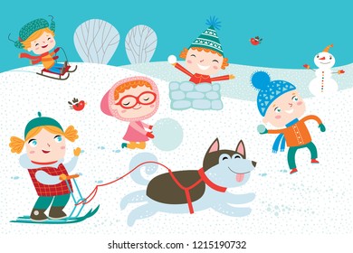 Landscape with cute children in vector. Winter child's outdoor activities. Happy childhood.