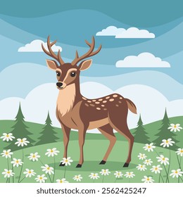 Landscape, cute deer on a meadow with daisies. Wildlife illustration in flat style