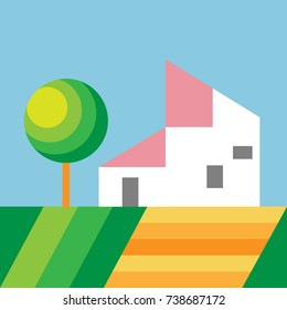 Landscape with Cute House and Tree. Vector Illustration. Simple Flat Graphic Style. Decorative Background for Posters, Cards, Banners, Invitations, Fashion