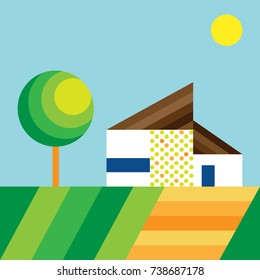 Landscape with Cute House and Tree. Vector Illustration. Simple Flat Graphic Style. Decorative Background for Posters, Cards, Banners, Invitations, Fashion