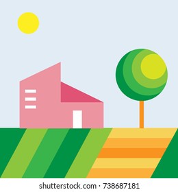 Landscape with Cute House and Tree. Vector Illustration. Simple Flat Graphic Style. Decorative Background for Posters, Cards, Banners, Invitations, Fashion