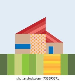 Landscape with Cute House. Vector Illustration. Simple Flat Graphic Style. Decorative Background for Posters, Cards, Banners, Invitations, Fashion
