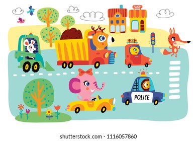 A landscape with cute little animals and kids transport. Vector illustration.